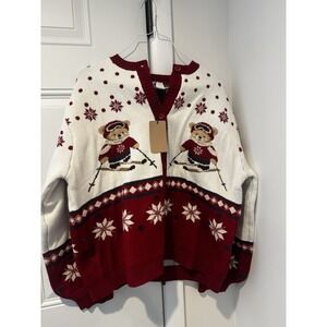 Sunday Edition Women's Bear Skiing Nordic Cardigan Red Snowflakes L NWT Buttons